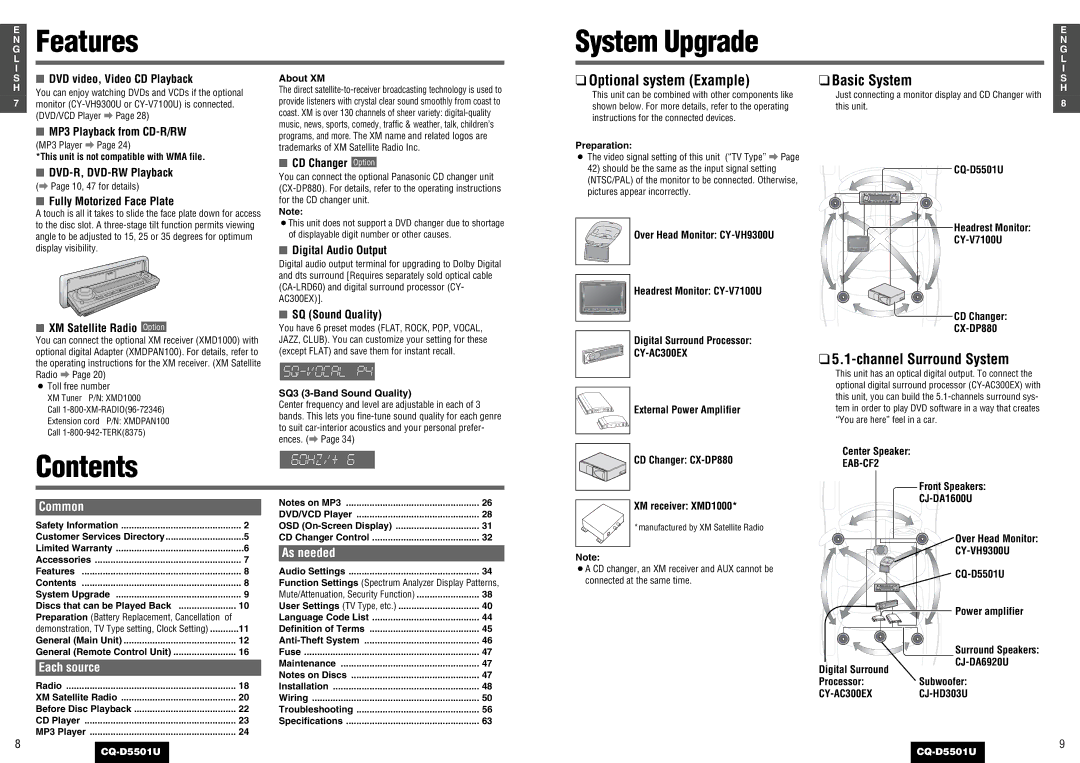 Panasonic CQ-D5501U operating instructions Features, System Upgrade, Contents 