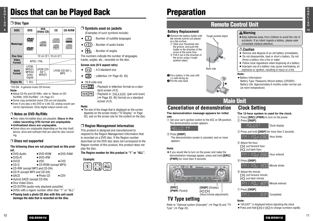 Panasonic CQ-D5501U operating instructions Discs that can be Played Back, TV Type setting, Clock Setting 