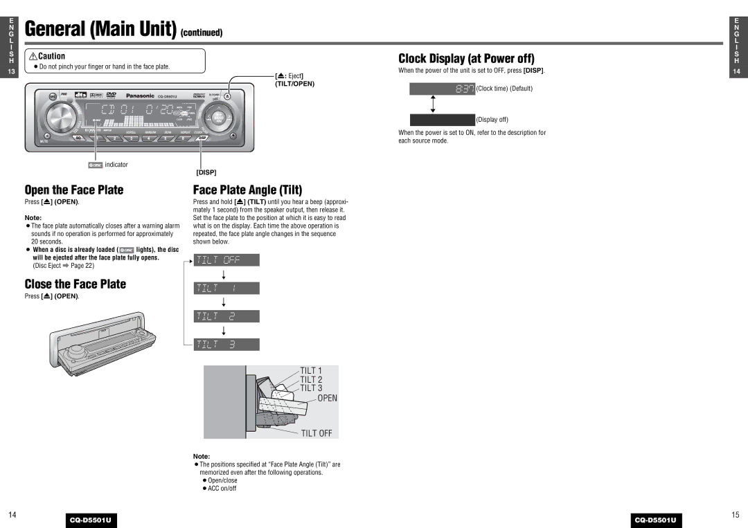 Panasonic CQ-D5501U operating instructions General Main Unit, Open the Face Plate, Close the Face Plate 