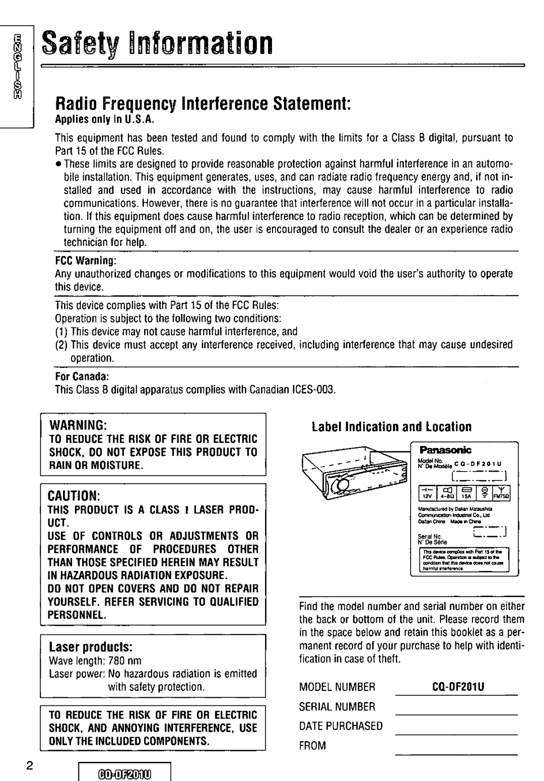 Panasonic CQ-DF201U manual 