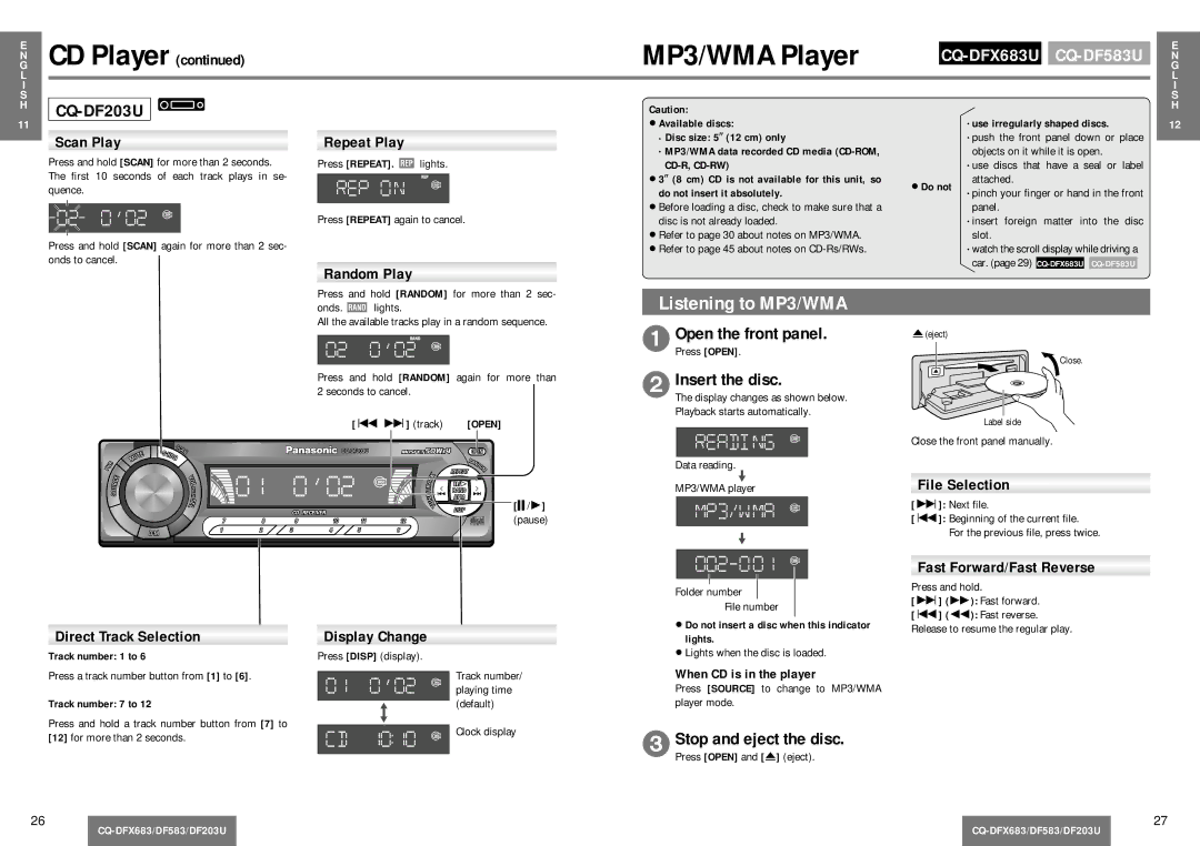 Panasonic CQ-DF203U operating instructions MP3/WMA Player, Insert the disc, CD Player, File Selection, Cd-R, Cd-Rw 