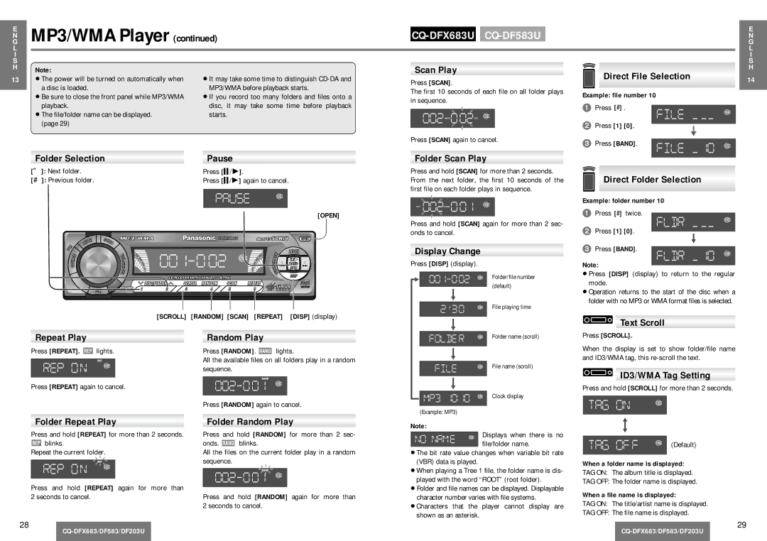 Panasonic CQ-DF203U Scan Play Direct File Selection, Folder Selection Pause Folder Scan Play, Direct Folder Selection 