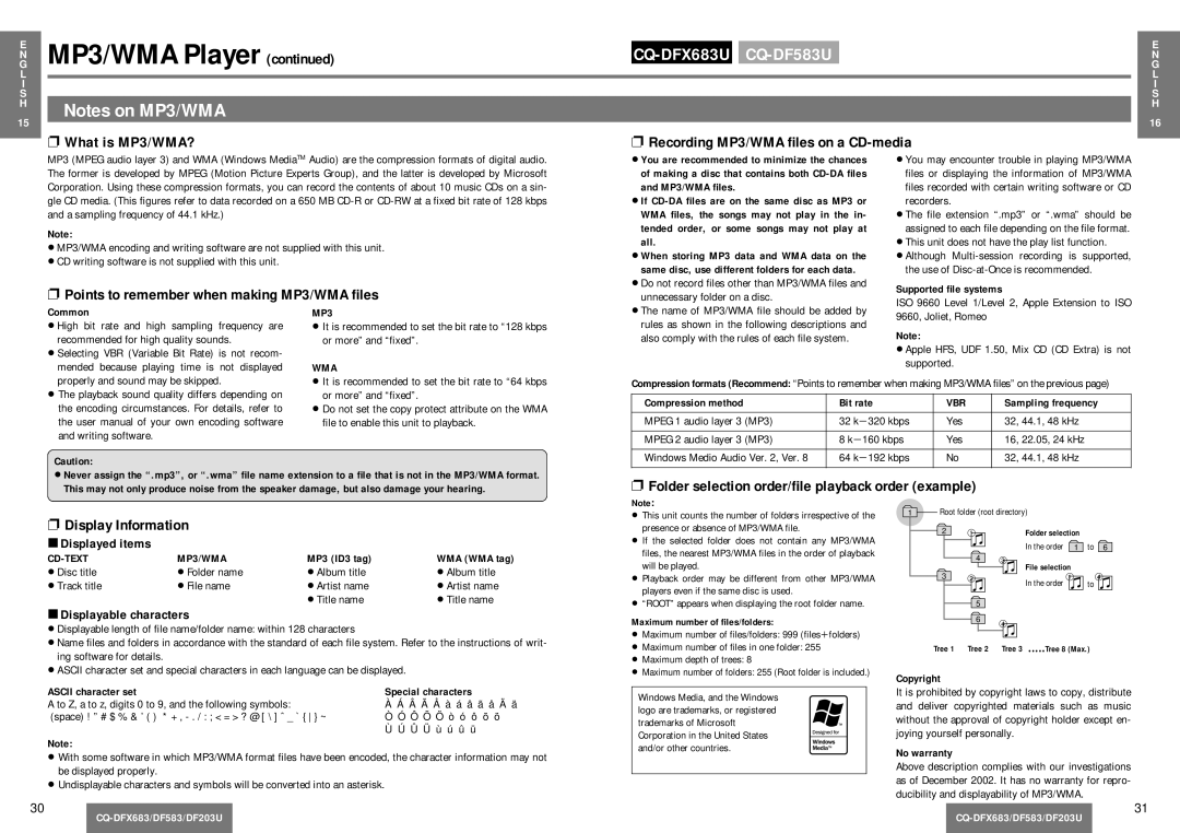 Panasonic CQ-DF203U operating instructions MP3/WMA Player, What is MP3/WMA? Recording MP3/WMA ﬁles on a CD-media 