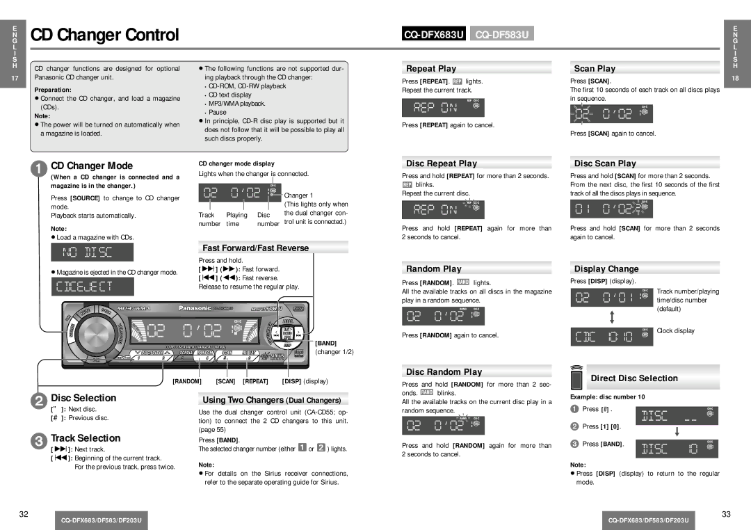 Panasonic CQ-DF203U operating instructions CD Changer Mode, Disc Selection, Track Selection 