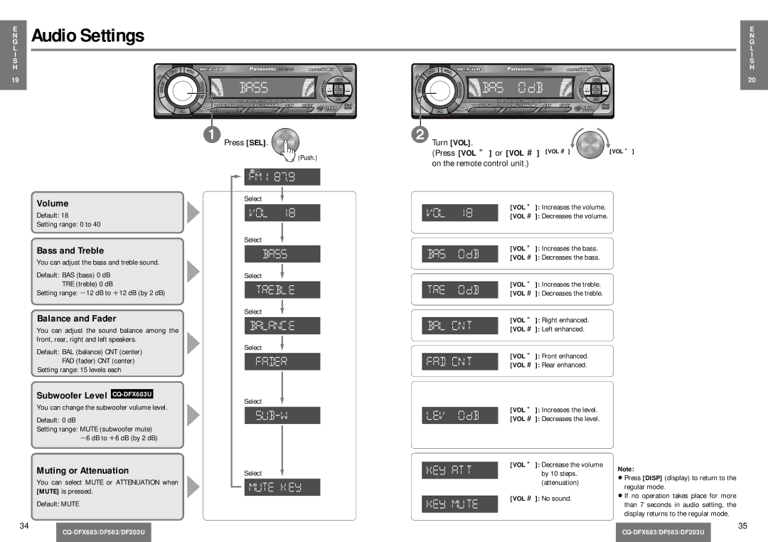 Panasonic CQ-DF203U operating instructions Audio Settings, Bass and Treble, Balance and Fader, Subwoofer Level CQ-DFX683U 