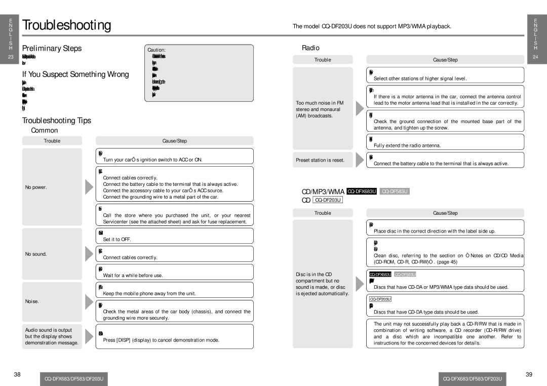 Panasonic CQ-DF203U operating instructions Preliminary Steps, Troubleshooting Tips, Radio, Common 