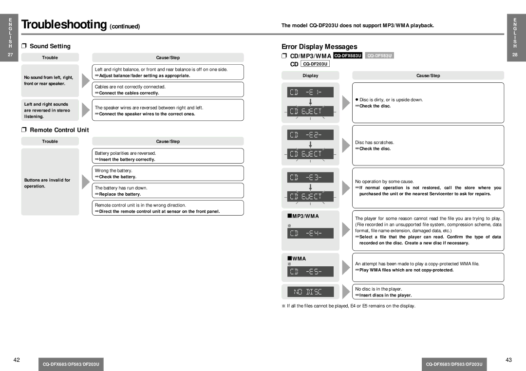 Panasonic CQ-DF203U operating instructions Error Display Messages, Sound Setting 