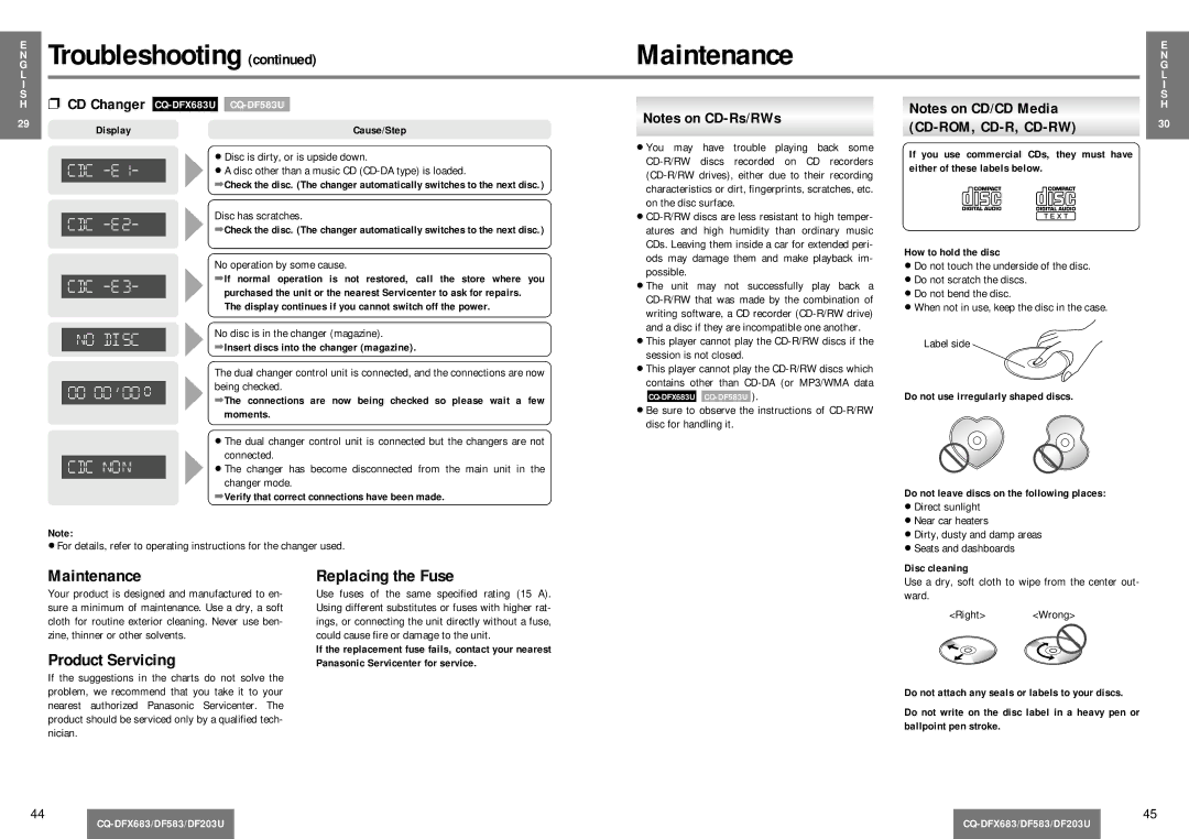 Panasonic CQ-DF203U operating instructions Troubleshooting Maintenance, Product Servicing, Replacing the Fuse 