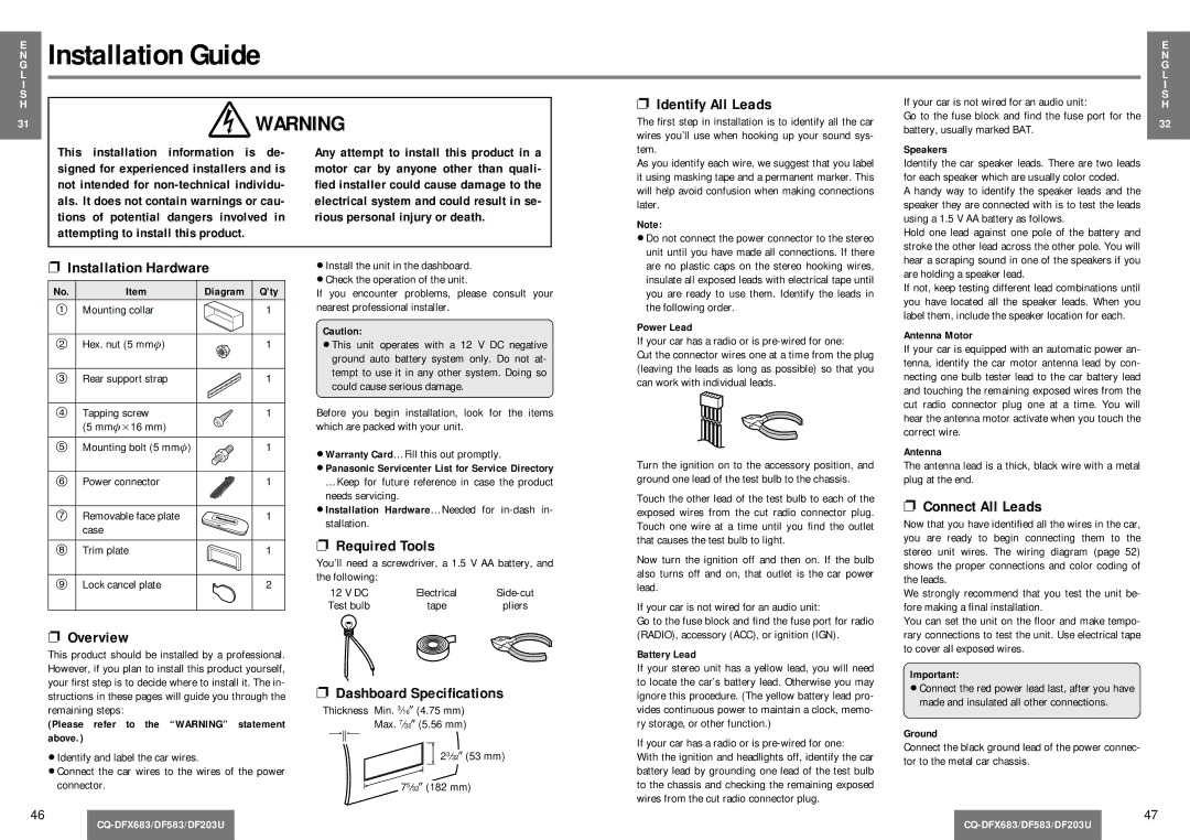 Panasonic CQ-DF203U operating instructions Installation Guide 