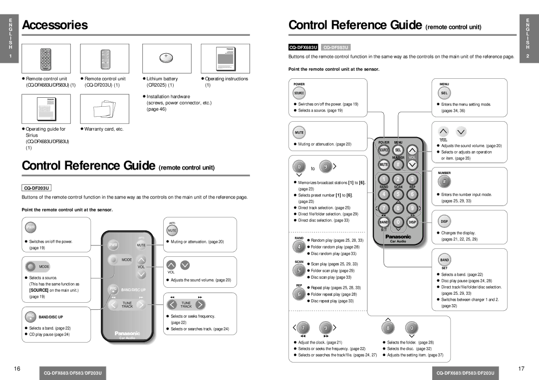 Panasonic CQ-DF203U Accessories, Control Reference Guide remote control unit, Point the remote control unit at the sensor 