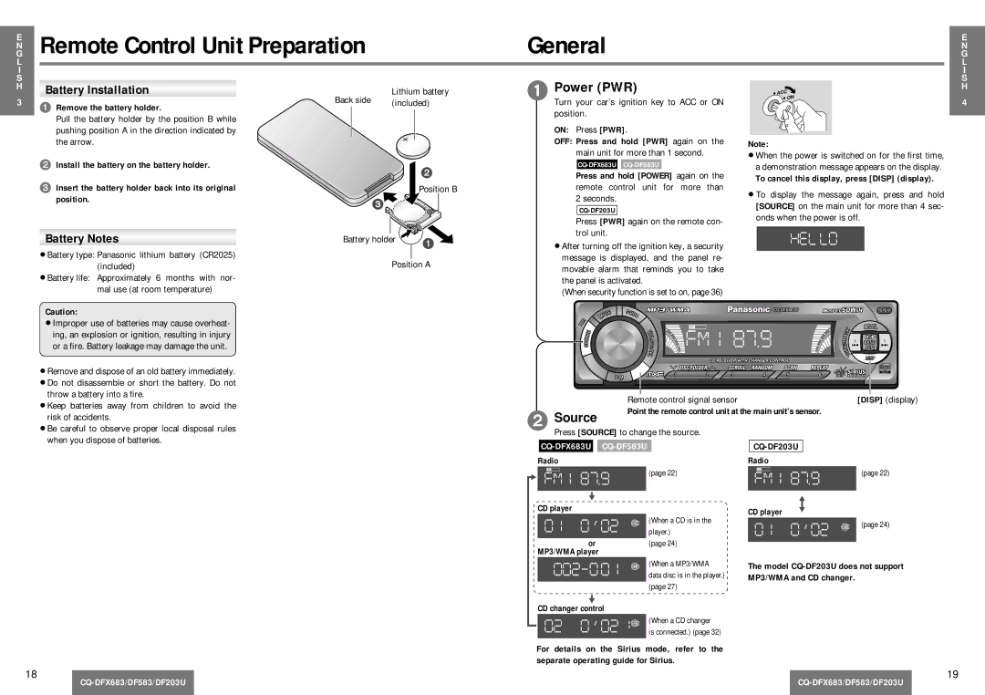 Panasonic CQ-DF203U operating instructions General, Power PWR, Source, Battery Notes 