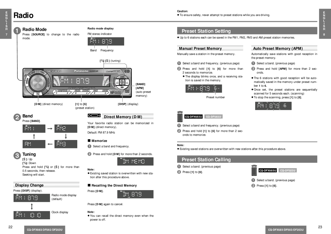 Panasonic CQ-DF203U operating instructions Radio Mode, Band, Tuning 