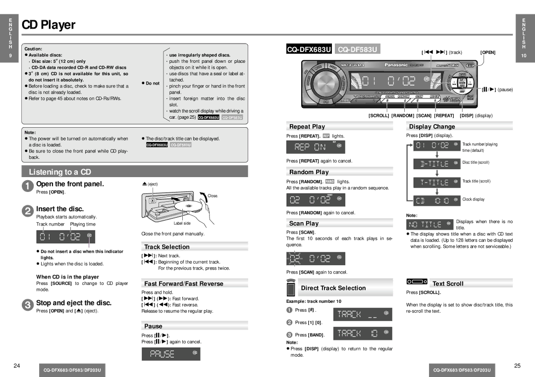 Panasonic CQ-DF203U operating instructions CD Player, Open the front panel, Stop and eject the disc 