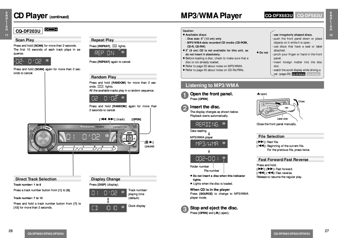 Panasonic CQ-DF203U MP3/WMA Player, Listening to MP3/WMA, Insert the disc, CD Player continued, CQ-DF583U, File Selection 