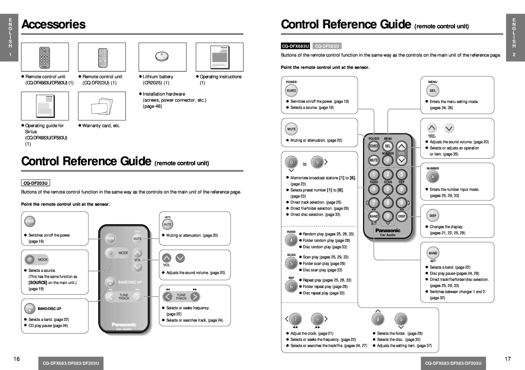 Panasonic CQ-DF203U E Accessories, Control Reference Guide remote control unit, 4 5 7 8, CQ-DFX683/DF583/DF203U 