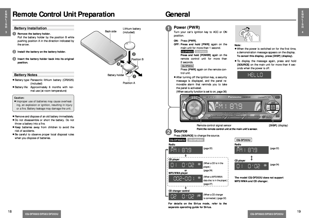 Panasonic CQ-DF203U General, Power PWR, Source, Battery Installation, Battery Notes, Remote Control Unit Preparation 