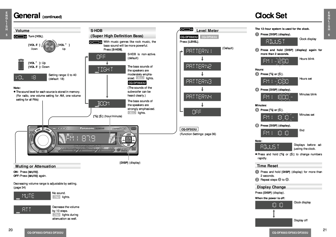 Panasonic CQ-DF203U Clock Set, General continued, Volume, Shdb, Level Meter, Super High Deﬁnition Bass, Time Reset 