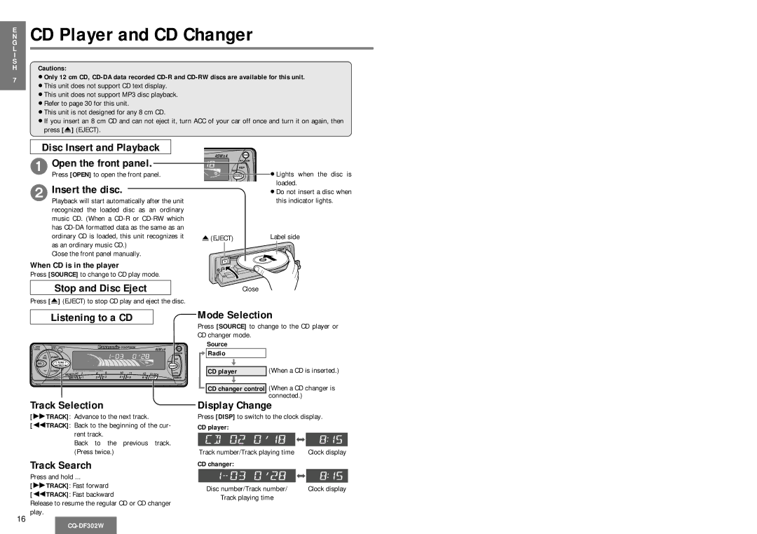 Panasonic CQ-DF302W operating instructions CD Player and CD Changer 