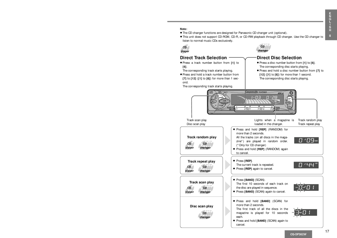 Panasonic CQ-DF302W operating instructions Direct Track Selection, Direct Disc Selection, CD CD Player changer 