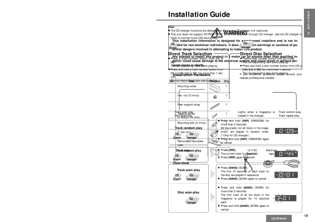 Panasonic CQ-DF302W Remote Control Unit Preparation, Battery Installation, Battery Notes, Control Reference Guide 