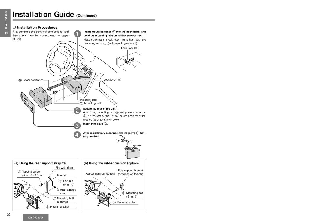 Panasonic CQ-DF302W operating instructions Installation Procedures, Secure the rear of the unit, Insert trim plate 