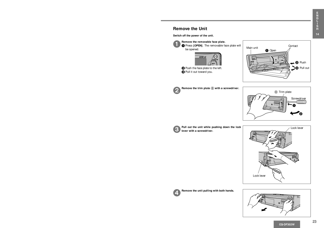 Panasonic CQ-DF302W operating instructions Remove the Unit, Main unit Contact, Trim plate, Screwdriver, Lock lever 