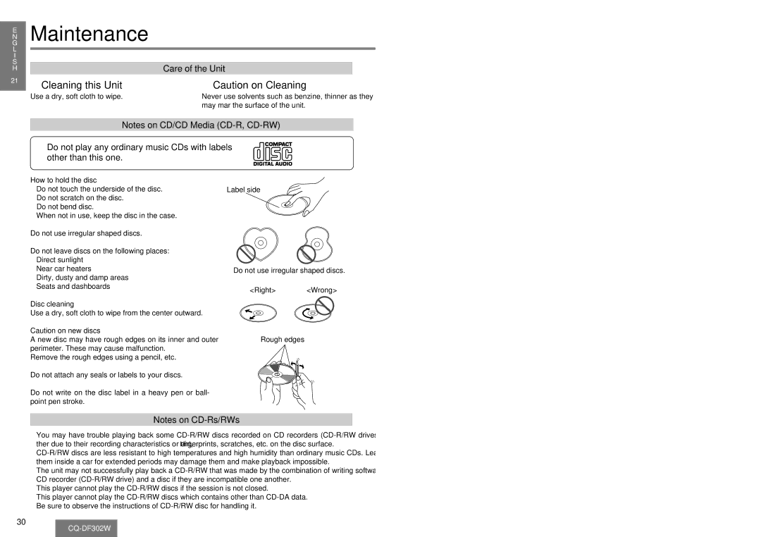 Panasonic CQ-DF302W operating instructions How to hold the disc, Disc cleaning 