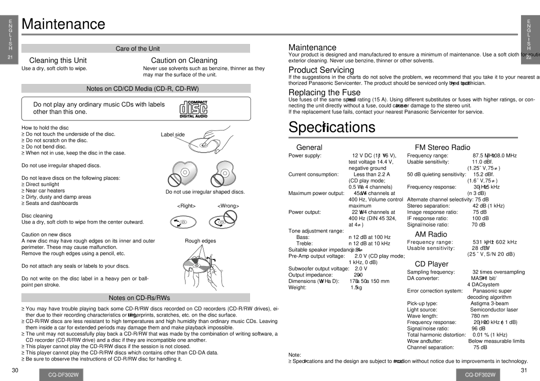 Panasonic CQ-DF302W operating instructions Speciﬁcations, Replacing the Fuse 