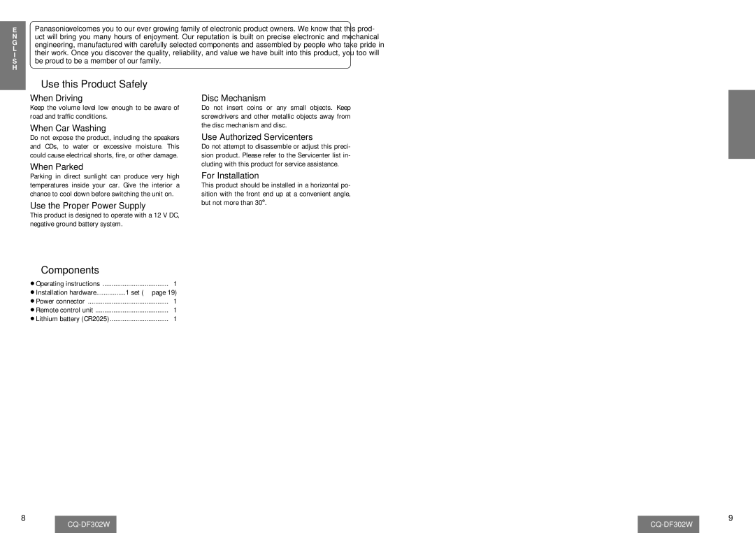 Panasonic CQ-DF302W operating instructions Use this Product Safely, Components 