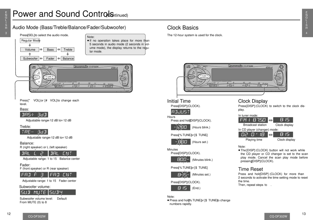 Panasonic CQ-DF302W Audio Mode Bass/Treble/Balance/Fader/Subwoofer, Initial Time, Clock Display, Time Reset 