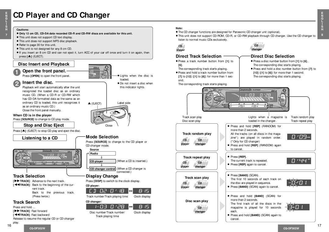 Panasonic CQ-DF302W operating instructions CD Player and CD Changer 