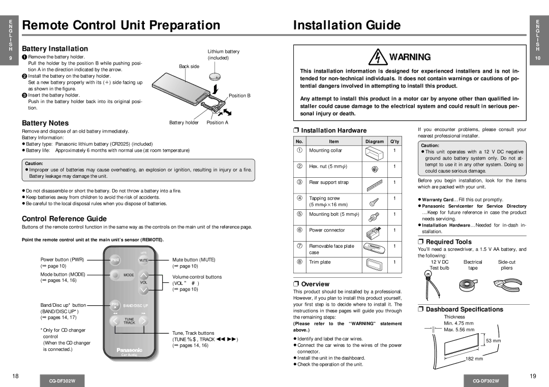 Panasonic CQ-DF302W Remote Control Unit Preparation Installation Guide, Battery Installation, Battery Notes 