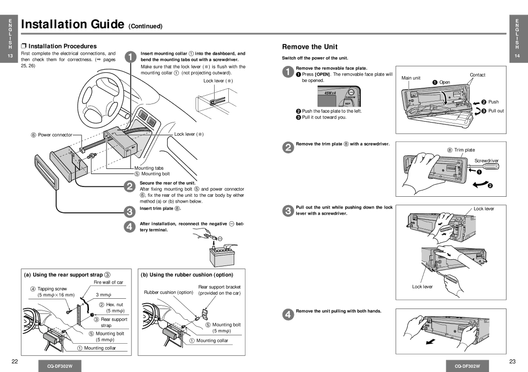 Panasonic CQ-DF302W operating instructions Remove the Unit, Installation Procedures, Using the rear support strap 