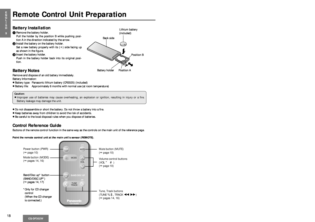 Panasonic CQ-DF302W Remote Control Unit Preparation, Battery Installation, Battery Notes, Control Reference Guide 