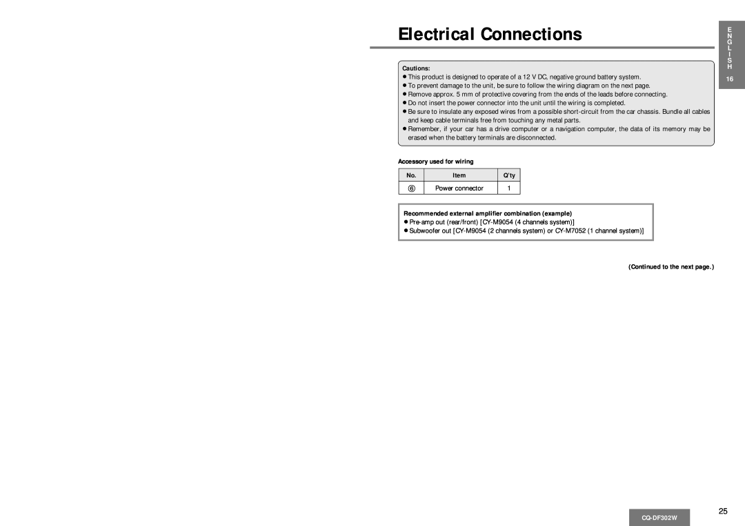 Panasonic CQ-DF302W Electrical Connections, Accessory used for wiring, Q’ty, Continued to the next page, Cautions 