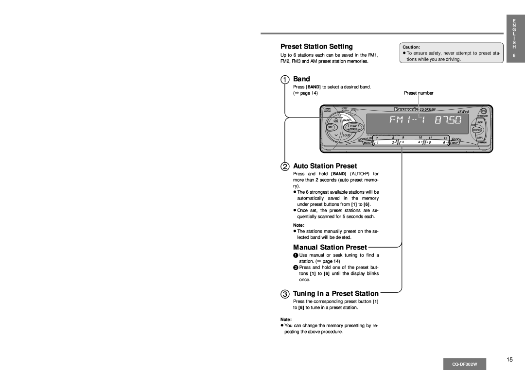 Panasonic CQ-DF302W operating instructions Preset Station Setting, 1Band, 2Auto Station Preset, Manual Station Preset 