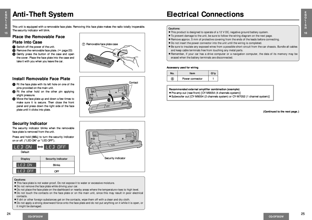 Panasonic CQ-DF302W operating instructions Anti-TheftSystem, Electrical Connections 
