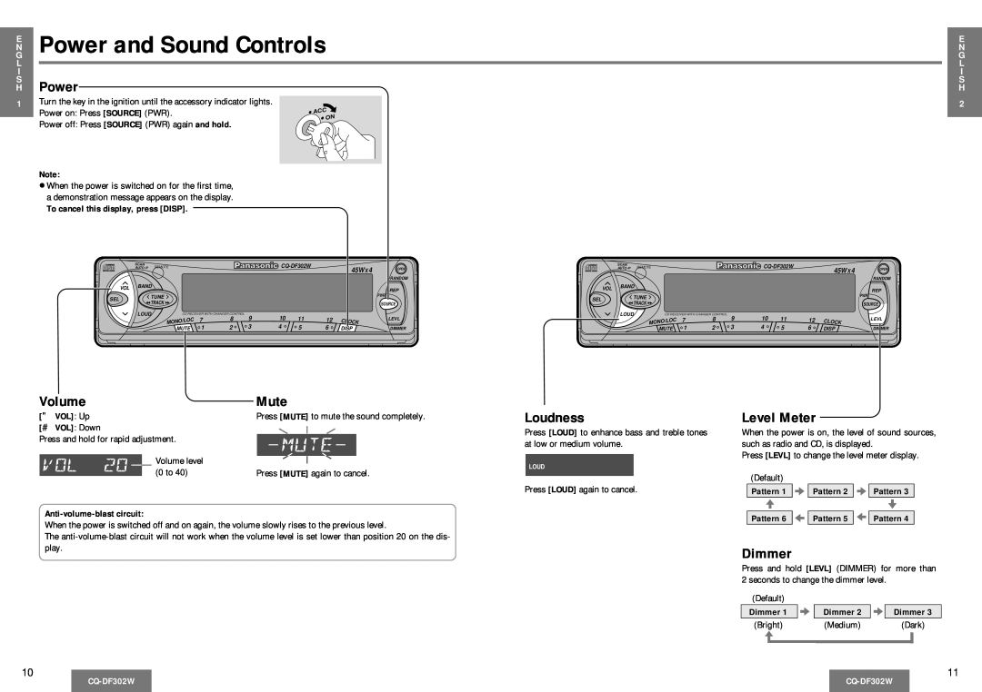 Panasonic CQ-DF302W operating instructions E Power and Sound Controls, H Power, Volume, Mute, Loudness, Level Meter, Dimmer 