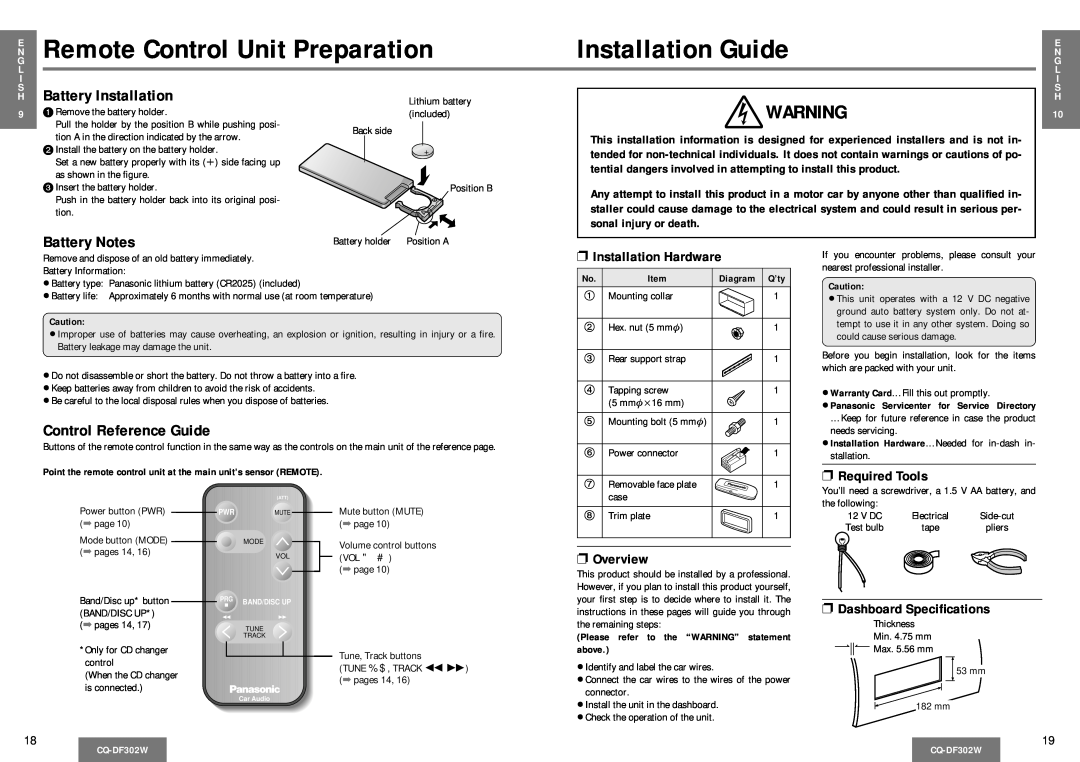 Panasonic CQ-DF302W Remote Control Unit Preparation, Installation Guide, Installation Hardware, Required Tools, Overview 