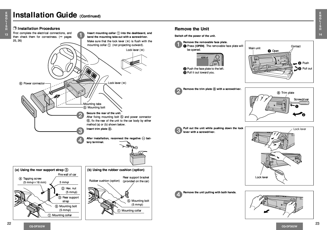 Panasonic CQ-DF302W Installation Guide Continued, Installation Procedures, a Using the rear support strap 