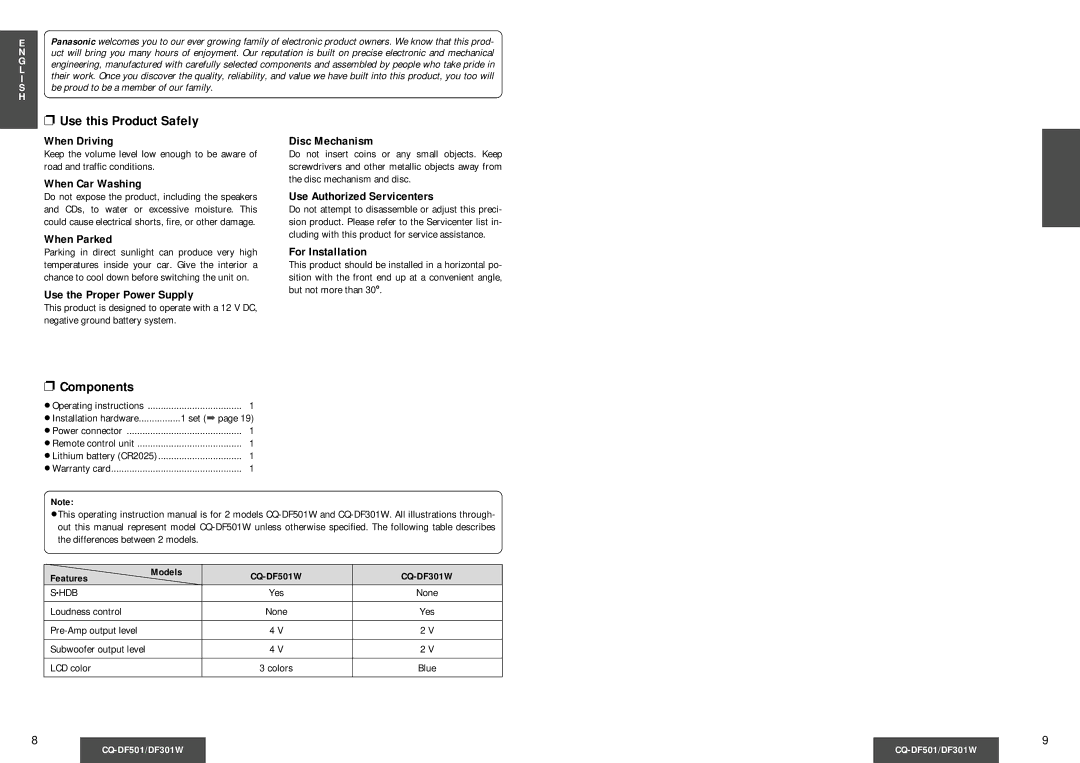 Panasonic CQ-DF501, CQ-DF301W operating instructions Use this Product Safely, Components 