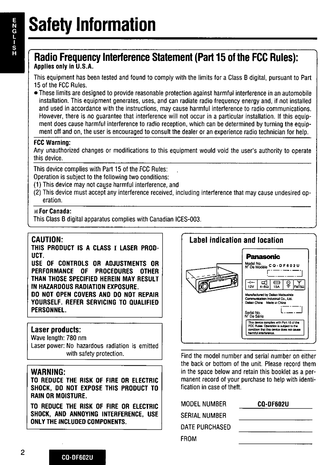 Panasonic CQ-DF602U manual 