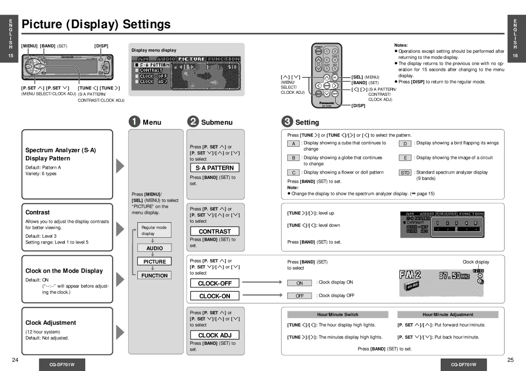 Panasonic CQ-DF701W operating instructions Picture Display Settings, Menu 2 Submenu Setting 