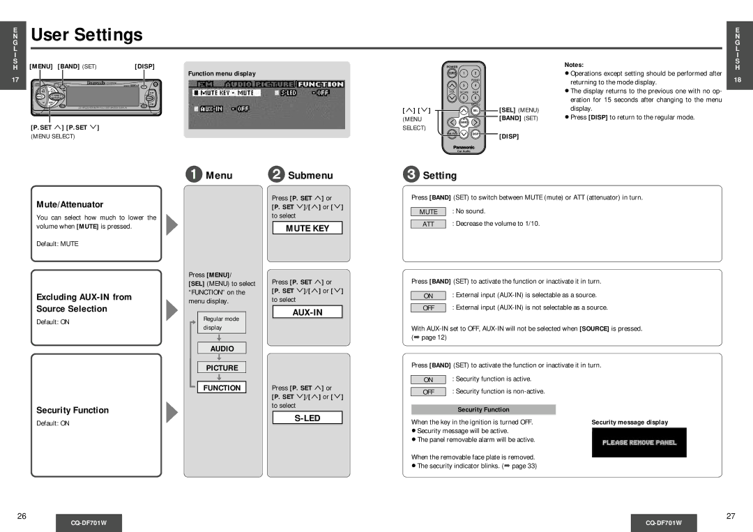 Panasonic CQ-DF701W operating instructions User Settings, Mute KEY, Aux-In, Led 