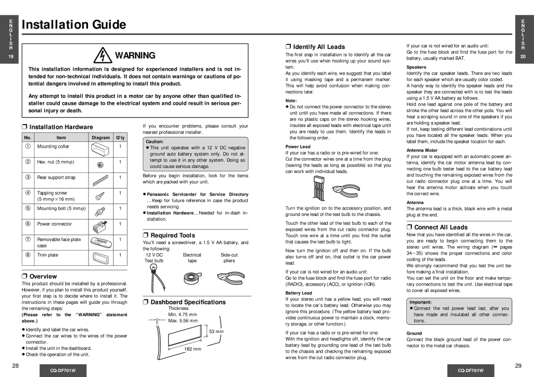 Panasonic CQ-DF701W operating instructions Installation Guide 