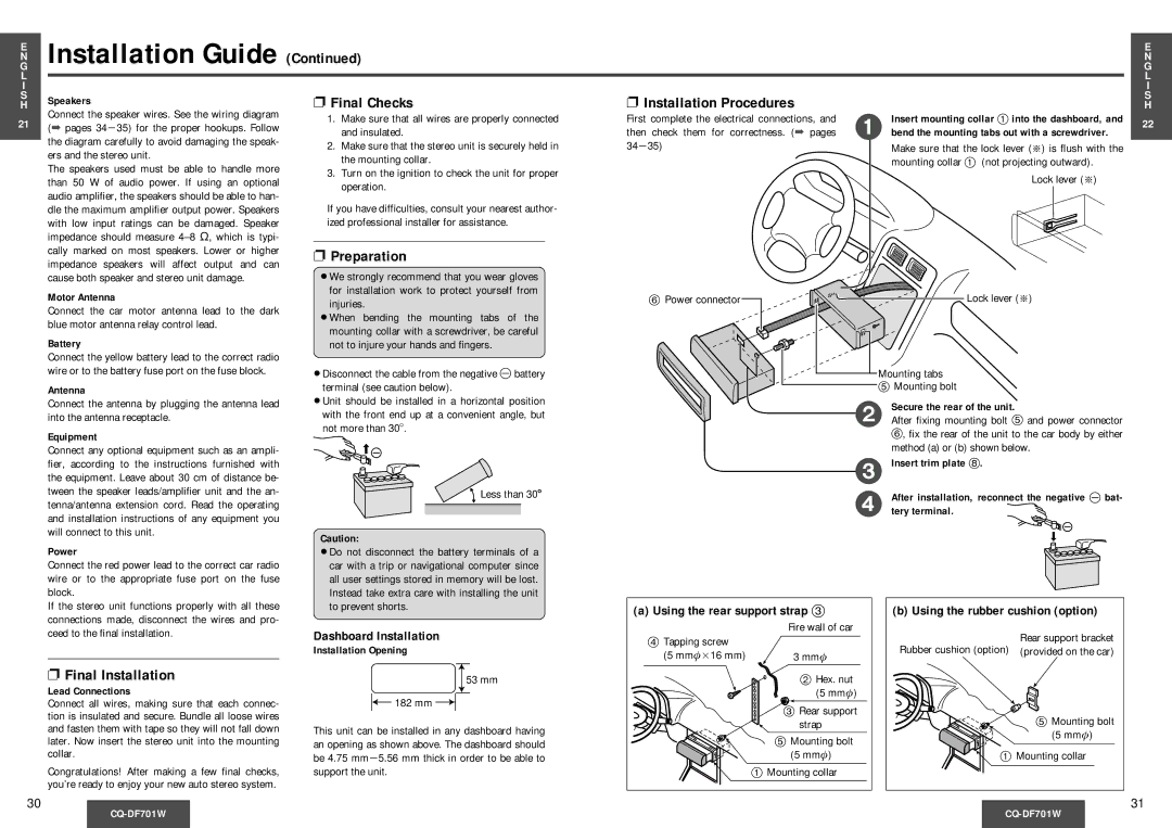 Panasonic CQ-DF701W Final Checks Installation Procedures, Preparation, Final Installation, Dashboard Installation 