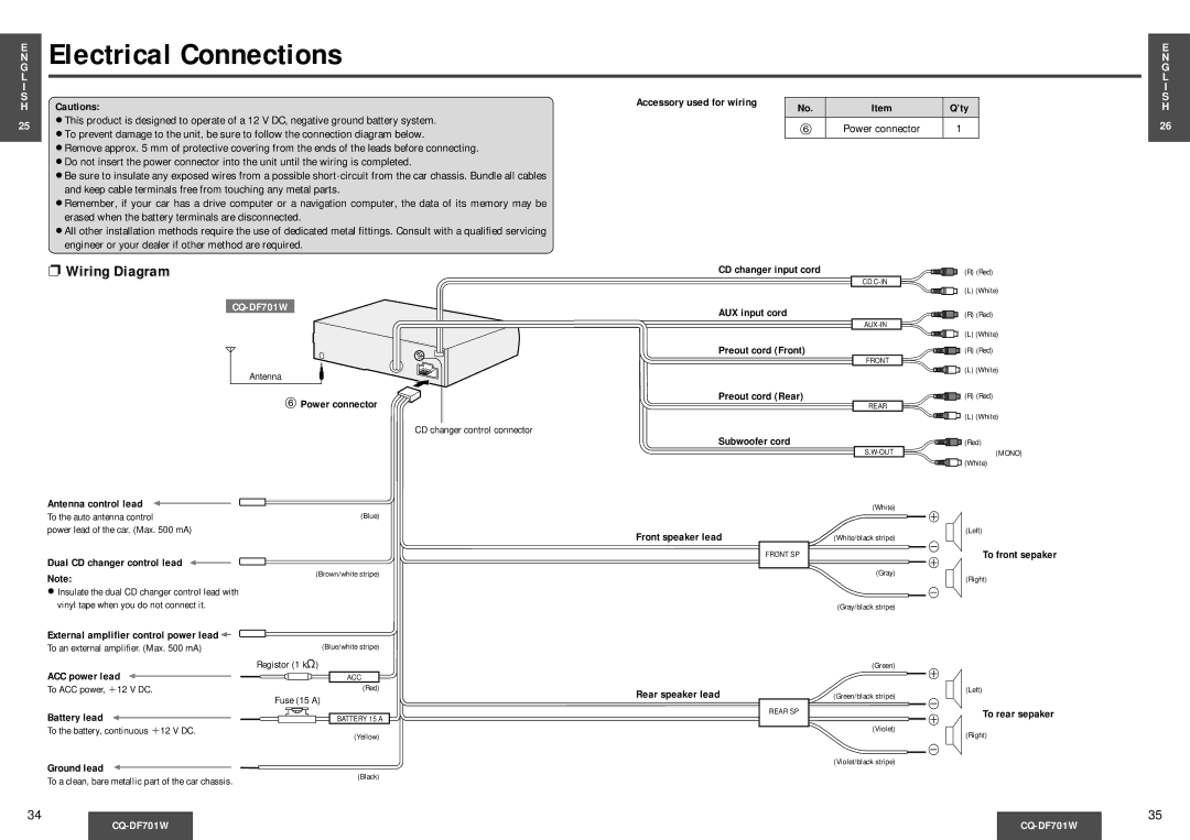 Panasonic CQ-DF701W operating instructions Wiring Diagram 