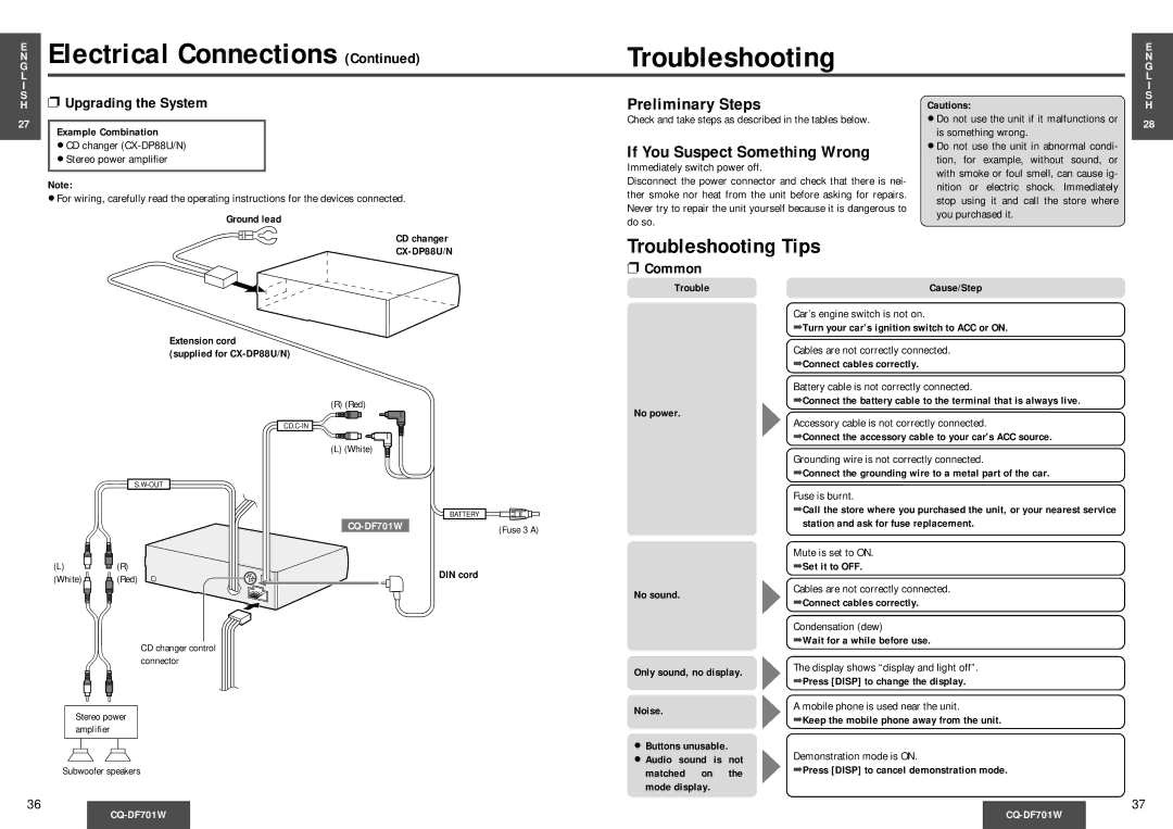 Panasonic CQ-DF701W Electrical Connections Troubleshooting, Preliminary Steps, If You Suspect Something Wrong, Common 