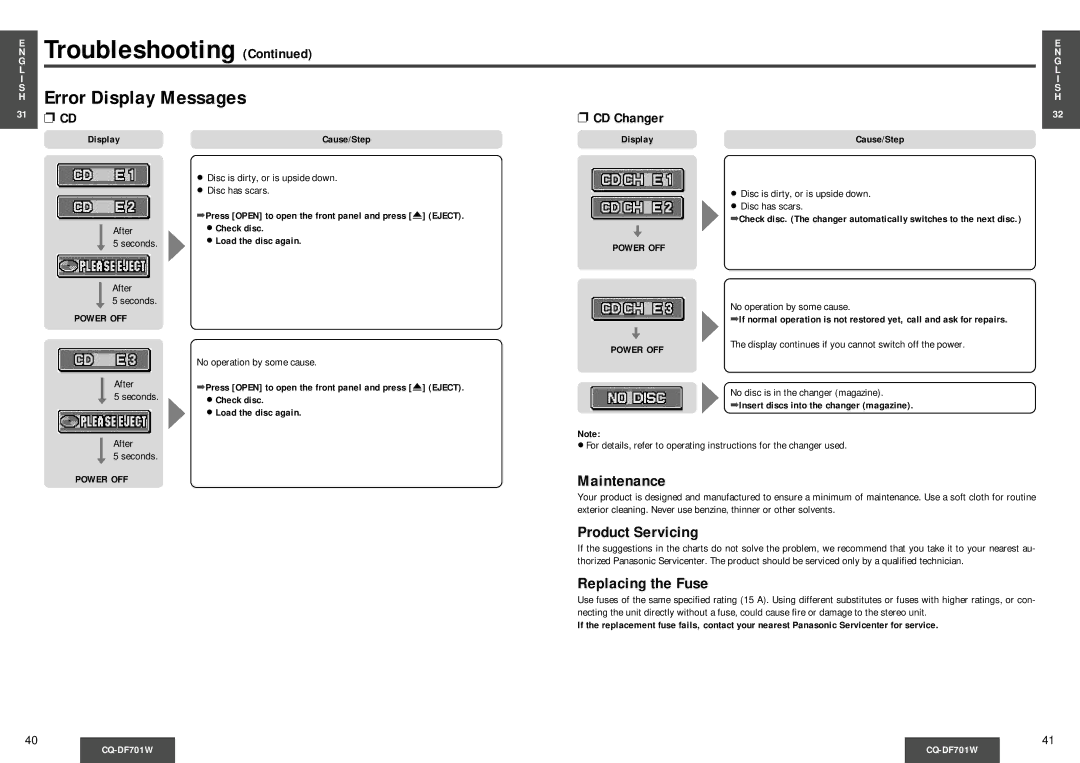 Panasonic CQ-DF701W operating instructions Maintenance, Product Servicing, Replacing the Fuse, CD Changer, Power OFF 