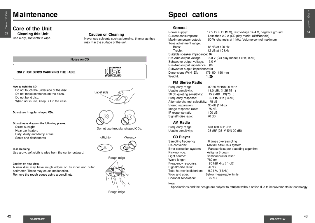 Panasonic CQ-DF701W operating instructions Maintenance Speciﬁcations 